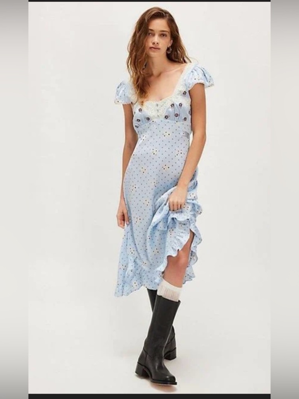 NWT-Free People Light Blue Polka Dot Slip Dress with Lace Trim